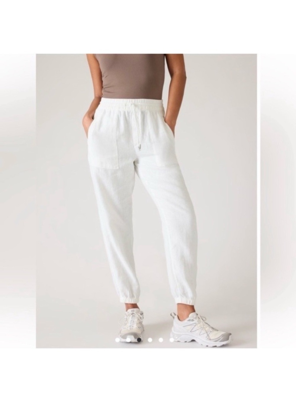 Athleta Retreat‎ Linen Jogger Pants Ivory White Large Travel Loungewear Coastal